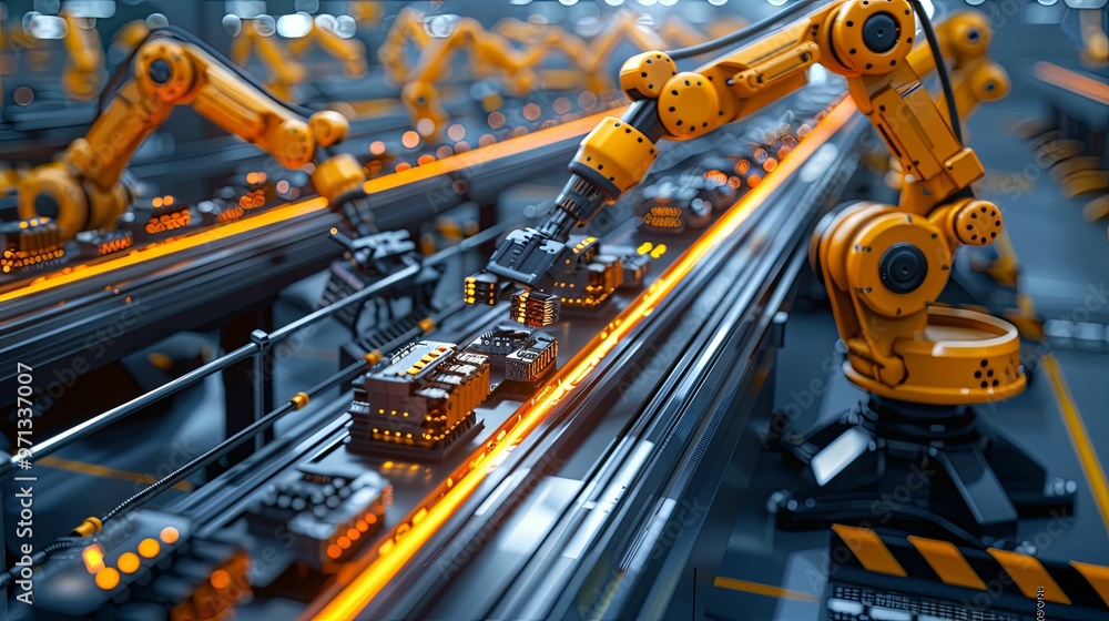 Yellow Robotic Arm Assembling Components on a Conveyor Belt in a Factory Yellow Robotic Arm Assembling Components on a Conveyor Belt in a Factory