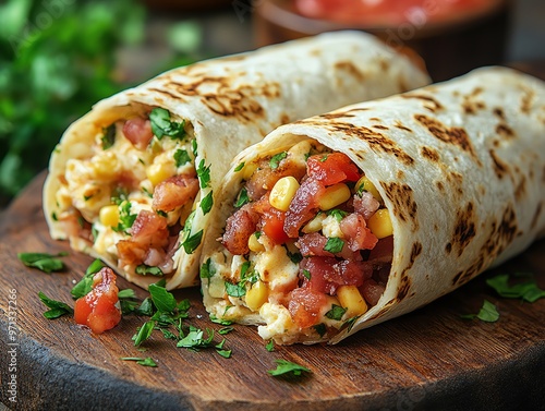 Thickcut bacon breakfast burrito with salsa, Fast food, hearty morning meal photo