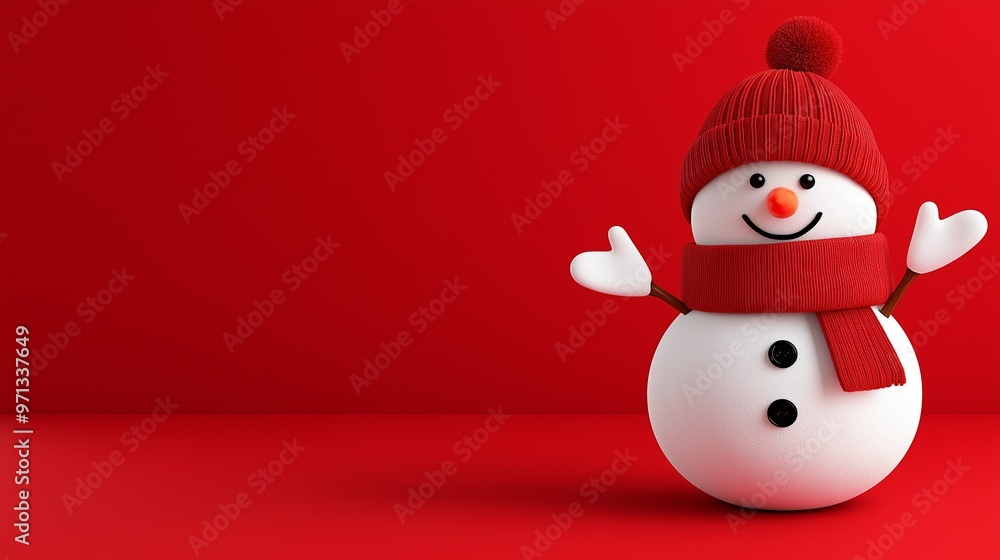 A snowman with a red hat and scarf stands on a red background. The snowman is smiling and he is happy A snowman with a red hat and scarf stands on a red background. The snowman is smiling and he is happy
