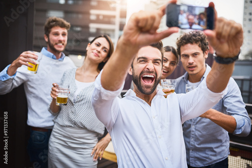 Sticker Business people, excited or outdoor selfie for team event, social media and party on rooftop