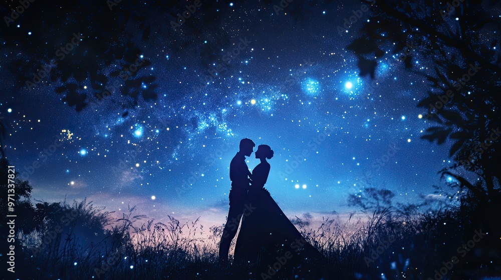 Lovers exchanging a deep loving gaze under a sky full of stars soft moonlight and twinkling stars creating an ethereal romantic atmosphere Lovers exchanging a deep loving gaze under a sky full of stars soft moonlight and twinkling stars creating an ethereal romantic atmosphere