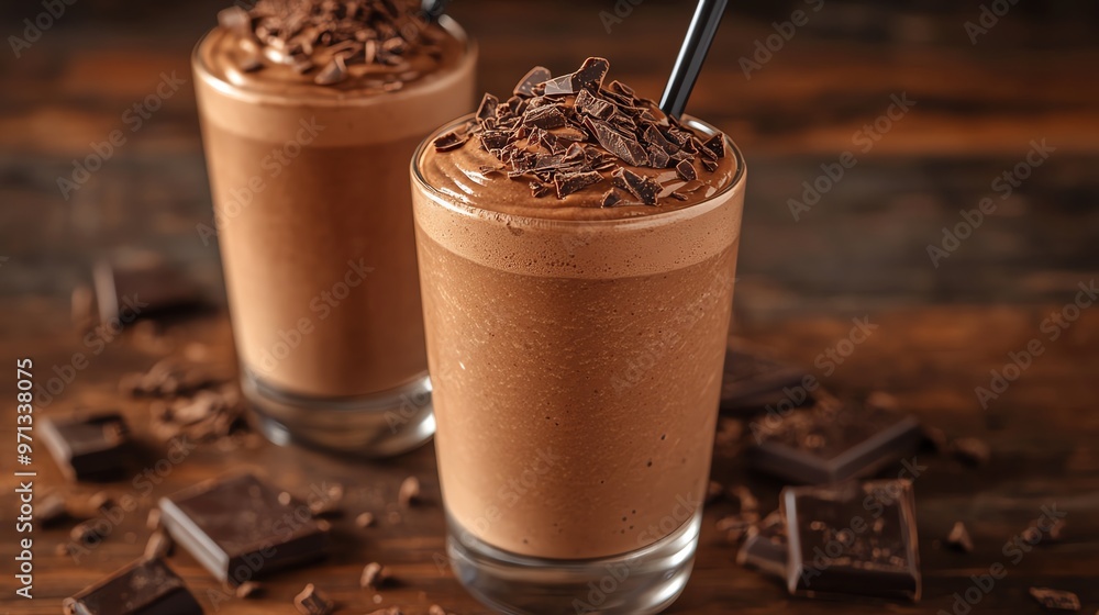 Chocolate milkshake with chocolate shavings on top, Fast food, decadent dessert Chocolate milkshake with chocolate shavings on top, Fast food, decadent dessert