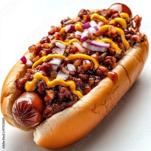 Chili cheese dog with onions and mustard, Fast food, hearty meal photo