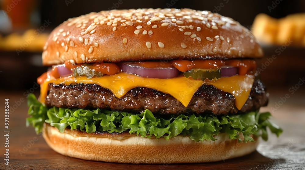Classic cheeseburger with all the trimmings, Fast food, American staple Classic cheeseburger with all the trimmings, Fast food, American staple