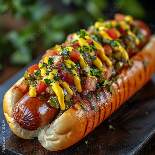 Classic hot dog with mustard, ketchup, and relish, Fast food, American street food photo