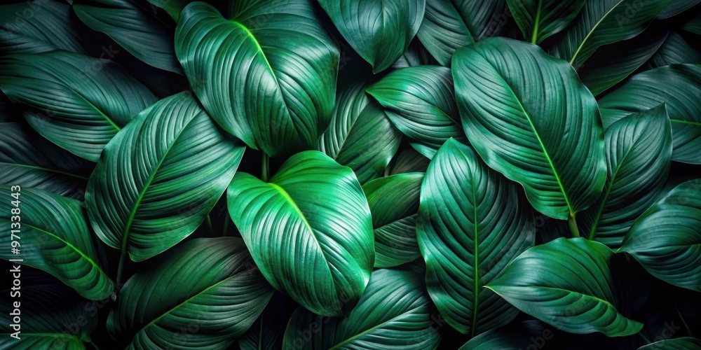 Dark tropical background featuring abstract green texture of Spathiphyllum cannifolium leaves Dark tropical background featuring abstract green texture of Spathiphyllum cannifolium leaves