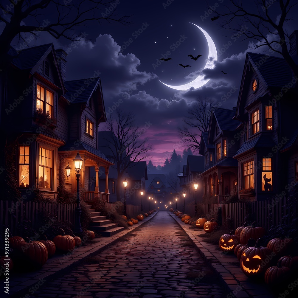 Haunted Village Street at Dusk – Halloween Illustration Haunted Village Street at Dusk – Halloween Illustration
