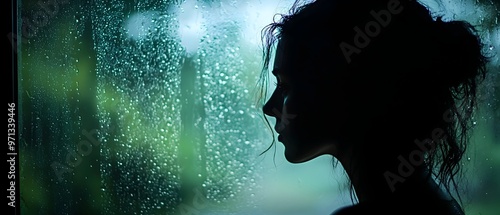 A person s silhouette gazes out at the rain on a window creating a moody melancholy and emotionally distant atmosphere  The blurred gloomy photo