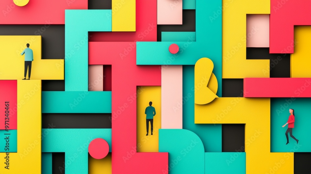 Shoppers navigating a maze of sale signs and percentages, abstract and colorful design, Black Friday puzzle, navigating deals concept Shoppers navigating a maze of sale signs and percentages, abstract and colorful design, Black Friday puzzle, navigating deals concept
