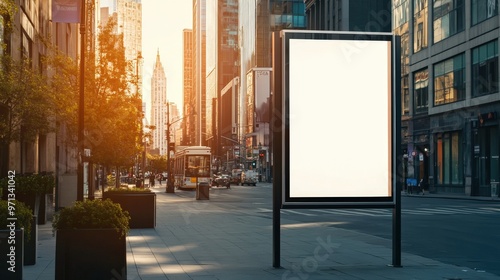 A large white billboard stands in the middle of a busy city street