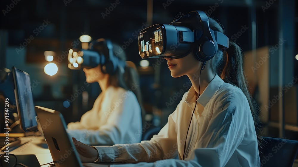 Fototapeta premium A group of professional marketers using virtual reality headsets and laptops during a collaborative meeting or presentation,exploring innovative digital solutions and strategies for their business.