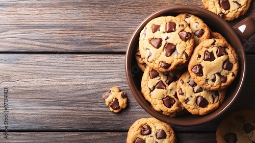 Freshly baked chocolate chip cookies in a bowl.