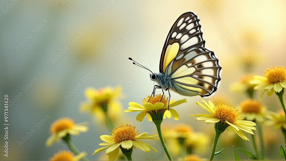 the serene beauty of a butterfly with delicate wings resting on bright yellow daisies. Generative image Ai the serene beauty of a butterfly with delicate wings resting on bright yellow daisies. Generative image Ai