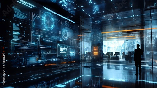 Futuristic real-time data analytics and visualization displayed on large holographic screens and interfaces in a modern,high-tech corporate workspace or research and development center.