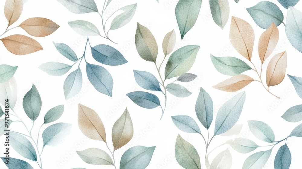 Subtle, nature-inspired seamless pattern with watercolor leaves in green, blue, light brown, and gray on a pure white background Subtle, nature-inspired seamless pattern with watercolor leaves in green, blue, light brown, and gray on a pure white background
