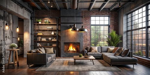 Dark living room loft with industrial style decor and fireplace, perfect for a cozy evening at home