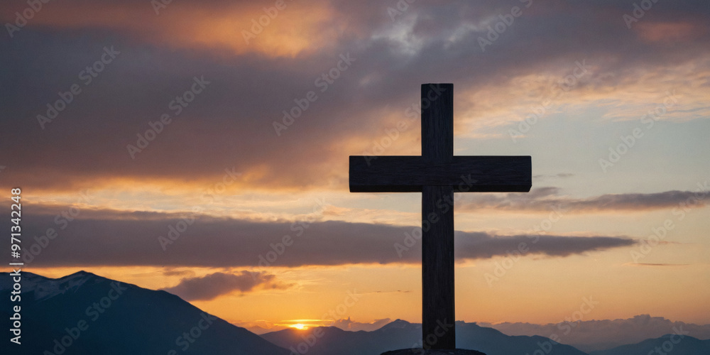 Cross in the sky background, Religious grief landscape background banner panorama - Breathtaking view with black silhouette of mountains, hills, forest and cross / summit cross Cross in the sky background, Religious grief landscape background banner panorama - Breathtaking view with black silhouette of mountains, hills, forest and cross / summit cross