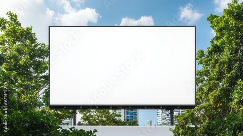 Huge billboard mockup, empty white advertising space on a modern rooftop mall, framed by trees, Urban design, outdoor marketing photo