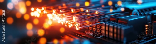 A close-up of glowing fiber optic cables, showcasing the vibrant lights and intricate technology of modern communication.