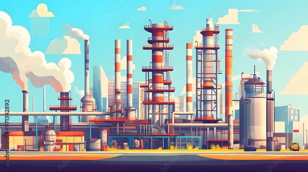 Obraz premium Industrial complex with smokestacks and machinery.