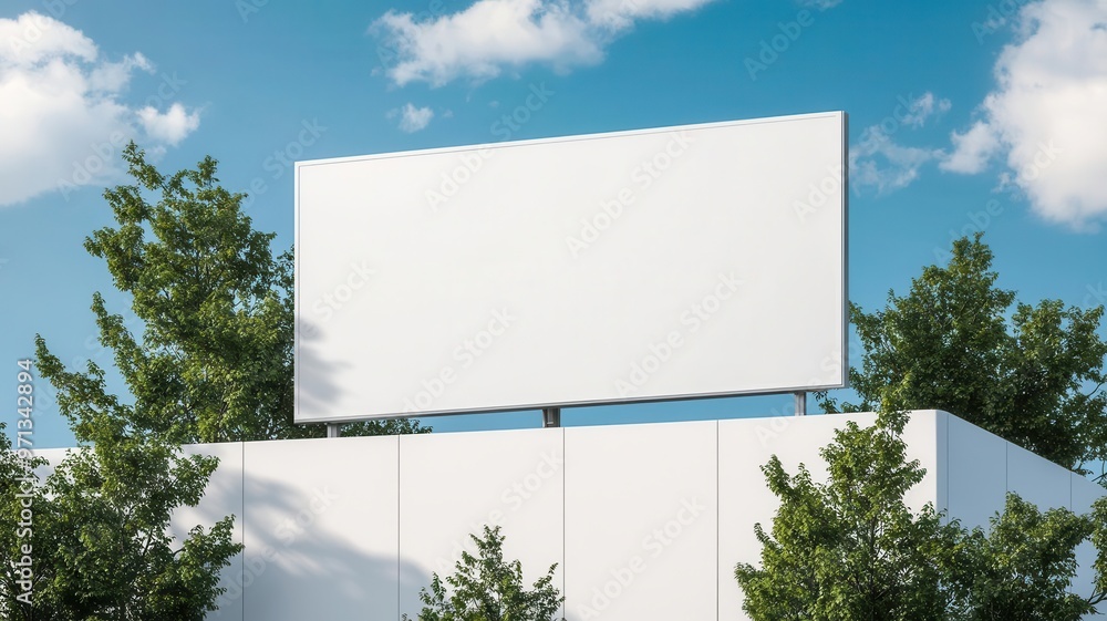 Minimalist rooftop billboard, empty white ad space on top of a sleek building, framed by trees, Urban marketing, commercial potential Minimalist rooftop billboard, empty white ad space on top of a sleek building, framed by trees, Urban marketing, commercial potential