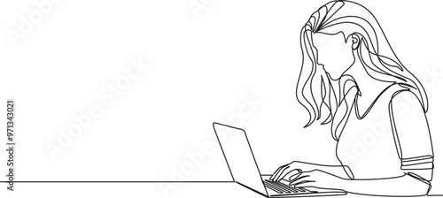 continuous single line drawing of young woman using laptop computer, line art vector illustration