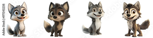 A collection of adorable animated wolf characters showcasing playful expressions and charming poses, perfect for children's media.