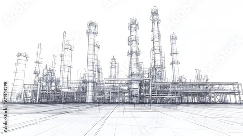 Industrial plant blueprint in wireframe style.