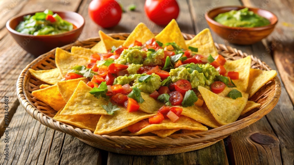Mexican nachos with guacamole, salsa, and cheese dip on tortilla chips Mexican nachos with guacamole, salsa, and cheese dip on tortilla chips
