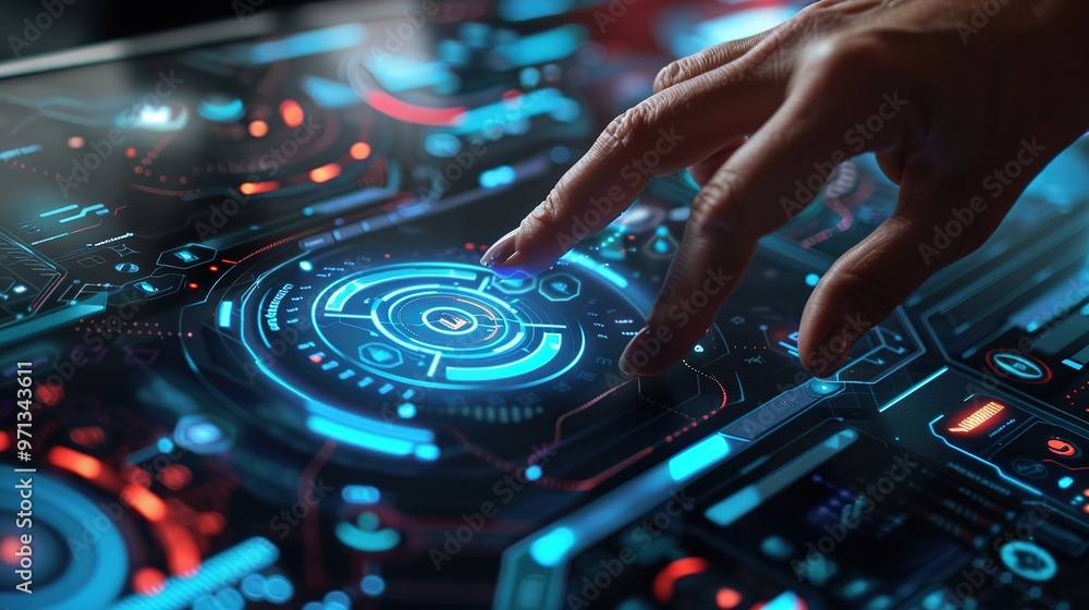 Obraz premium A human touch is interacting with a virtual screen icon. The icon is likely designed with a modern and sleek look. The human hand is reaching out, perhaps to select or manipulate the icon. 