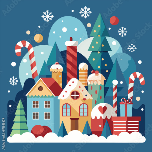 Snowflakes falling over a Christmas village with candy canes and gifts