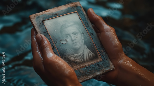 Close-up of two hands holding a worn, faded photograph with water droplets on its surface. The background features a blurred, reflective water scene, adding to the nostalgic and emotional atmosphere. photo