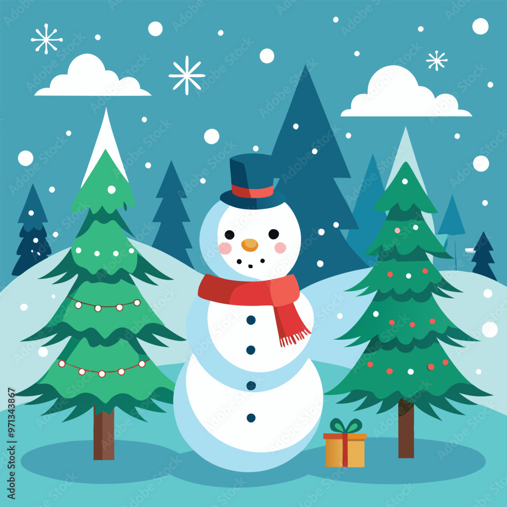 Wintery Christmas scene with snowflakes, a snowman, and a background of pine trees Wintery Christmas scene with snowflakes, a snowman, and a background of pine trees