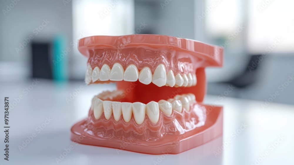 3D render of a dental jaw model showing dental implant placement for medical and educational purposes 3D render of a dental jaw model showing dental implant placement for medical and educational purposes