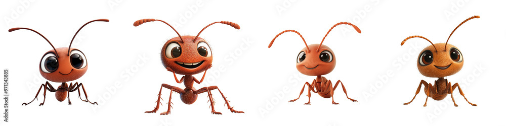 Fototapeta premium A playful collection of animated ants showcasing their unique expressions and cheerful demeanor in a vibrant cartoon style.