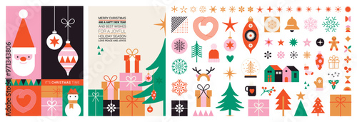Christmas collection of seasonal elements with Santa and snowman, hand drawn items, vector design