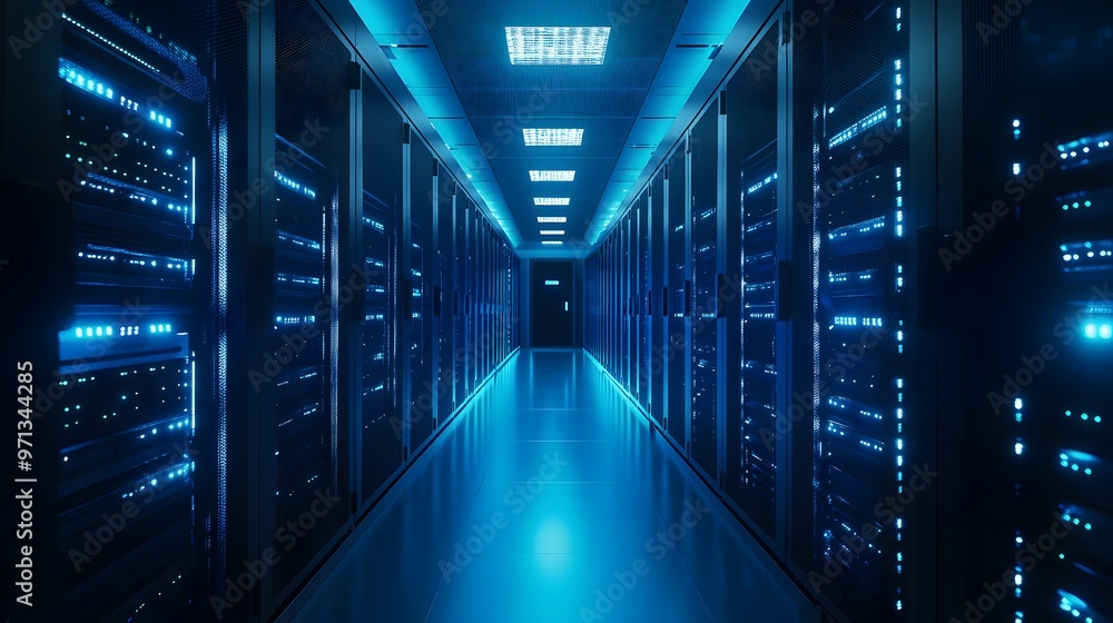 Fototapeta premium Data center corridor with blue lighting.