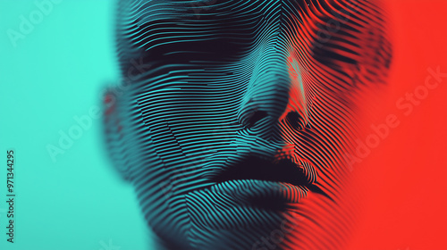 A close-up abstract digital portrait of a person with flowing layered textures on their face, illuminated by contrasting teal and red light.  photo