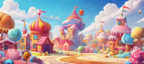 The Candy city with cake castle, houses cakes, game background, Illustration