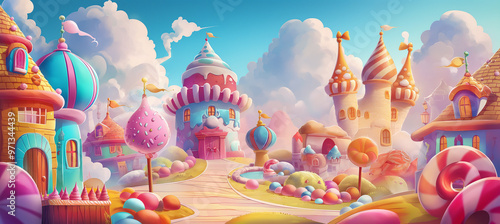 The Candy city with cake castle, houses cakes, game background, Illustration