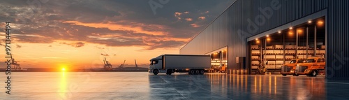 A stunning sunset over a modern warehouse, featuring trucks and loading docks, highlighting transportation and logistics. photo