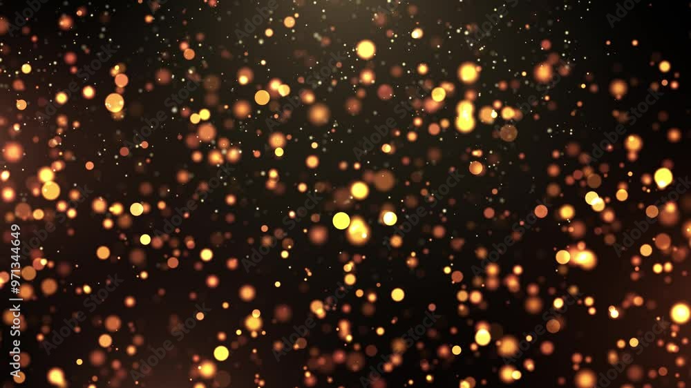 Abstract animation concept of golden particles for celebrating birthdays and holidays. 4k loop bokeh background with light particles on a dark background. Animation footage with light leakage effect. Abstract animation concept of golden particles for celebrating birthdays and holidays. 4k loop bokeh background with light particles on a dark background. Animation footage with light leakage effect.
