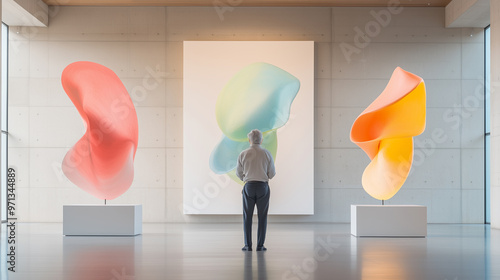 A man stands in front of two colorful abstract sculptures in a minimalist, modern gallery. The gallery has soft natural light, concrete walls, and a serene atmosphere, highlighting the abstract art. photo