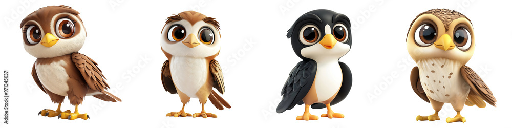 Fototapeta premium Colorful cartoon owls in various poses, showcasing their charm and character. Perfect for children's designs and educational materials.
