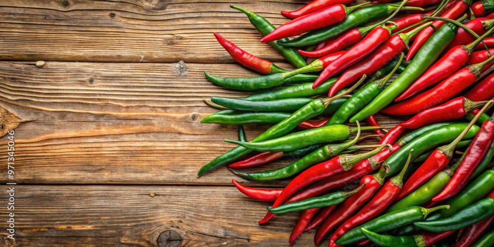 Red and green chillies arranged on a wooden table, top view. Food concept background with spicy peppers Red and green chillies arranged on a wooden table, top view. Food concept background with spicy peppers