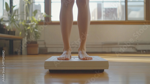 A close-up of bare feet standing on a white scale in a bright room with wooden floors. Sunlight filters through large windows in the background, highlighting indoor plants and creating a calm atmosphe photo