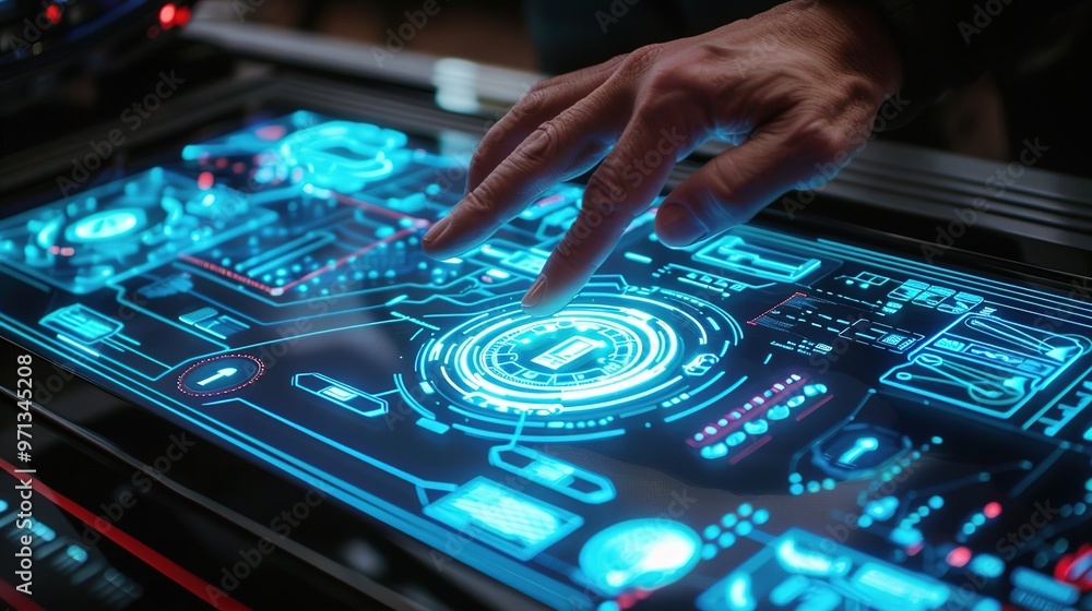 Obraz premium A human touch is interacting with a virtual screen icon. The icon is likely designed with a modern and sleek look. The human hand is reaching out, perhaps to select or manipulate the icon. 