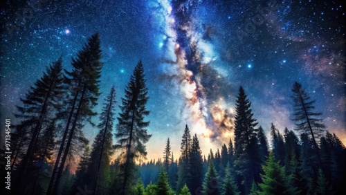 Serenely beautiful night forest landscape with towering pine trees, a dark sky filled with countless stars photo