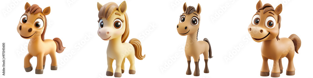Fototapeta premium Four adorable cartoon horse characters, showcasing different colors and expressions, perfect for children's illustrations or designs.