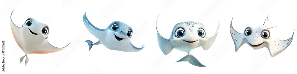 Obraz premium Four cheerful cartoon rays delightfully swimming, showcasing vibrant colors and playful expressions, perfect for children's designs.